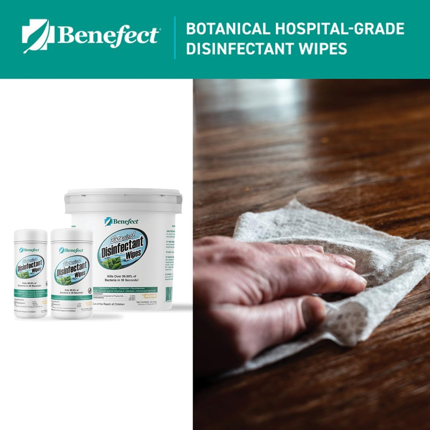 Benefect Botanical Disinfecting Wipes - (90 Wipe Count) Natural, No Residue - Antibacterial Disinfectant, Multi-Surface Cleaning and Sanitizing Wipes