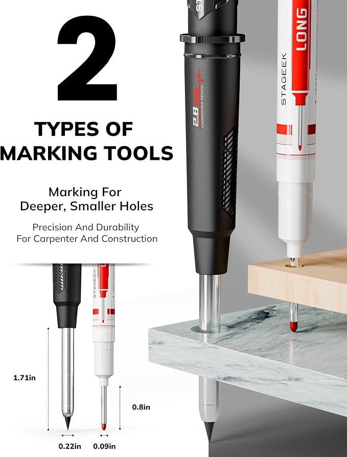 STAGEEK 2.8mm Mechanical Carpenter Pencils with Sharpener, 3 Pack | 57 Refills, Construction Pencil Heavy Duty Woodworking Tools, Waterproof Deep Hole Long Nib Marker Pens for Architect Marking