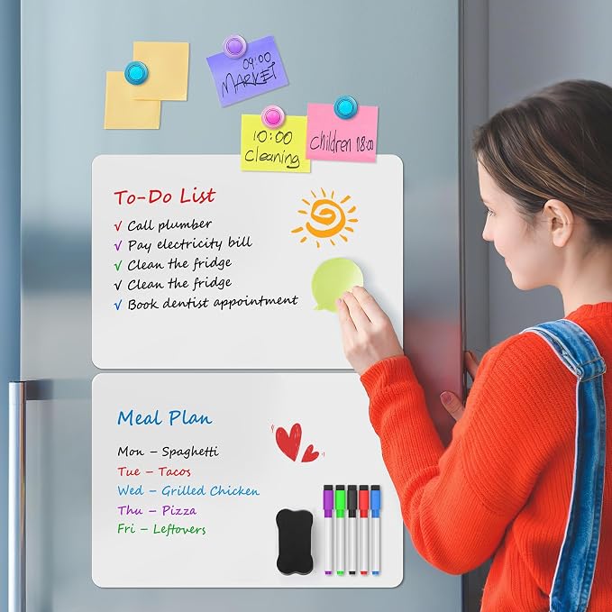 MaxGear Magnetic Whiteboard for Fridge 12x8 White 5 Pack | Strong Magnet, Dry Erase, Reusable, Easy Clean, Stain Resistant, Meal Planner, Grocery List, Family Notes, Kitchen Organizer