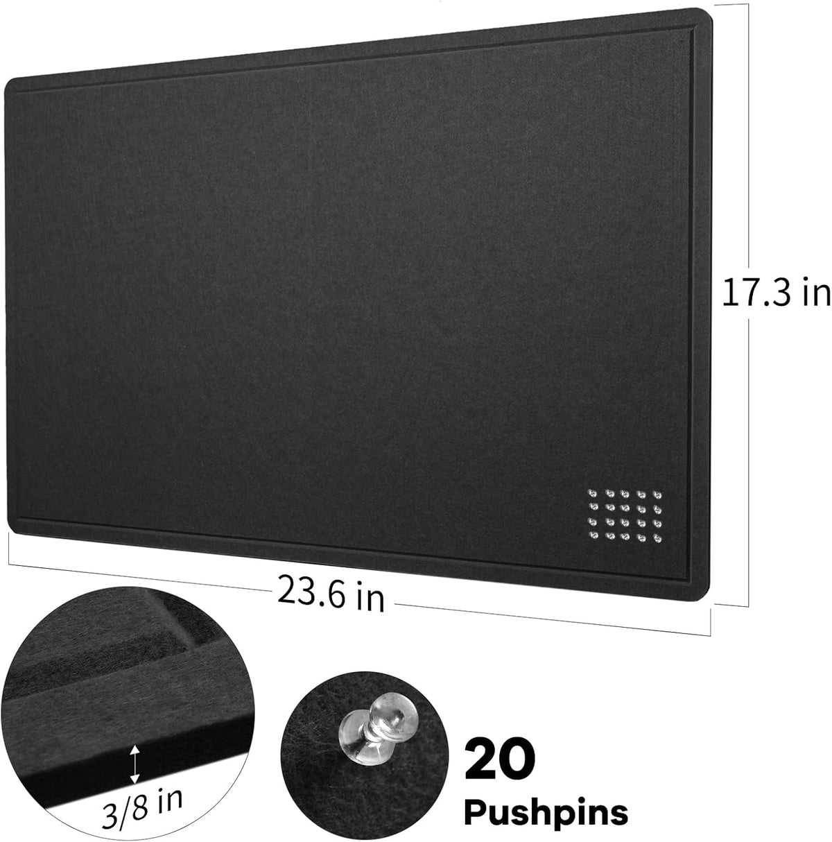 Bulletin Board, 24 x 18 inches Decorative Felt Pin Board, Cork Board Alternative for Wall, Foldable Photo Board Self-Adhesive Vision Board Mood Board with 20 Pushpins - Black