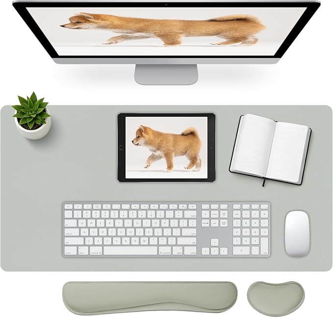 Keyboard and Mouse Pad, 3-in-1 Desk Mat Set Keyboard Wrist Rest | 31.5" x 15.7" Desk Mat, Ergonomic Wrist Rest for Computer Keyboard, Non-slip Base, Waterproof Computer Mat, Light Grey