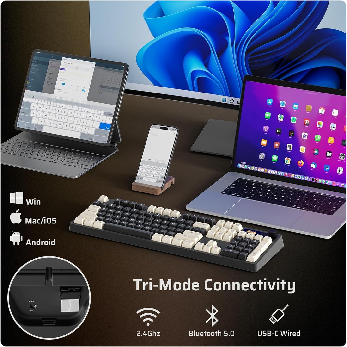 LTC Nimbleback NB1041 PRO Wireless Mechanical Keyboard w/Display Screen & Knob, 2.4Ghz/ BT/USB-C Wired RGB 104 Keys Creamy Keyboard, 3-Layer Foam, Hot Swappable PCB, Software Support, Red Switch