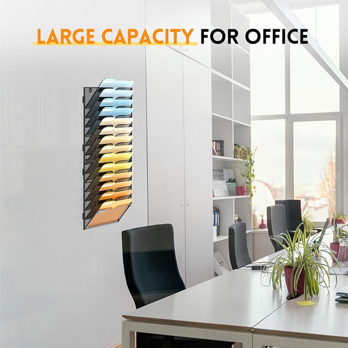 14 Tier Wall File Organizer, Hanging Wall Mounted Mail Organizer with Label Slots, Metal Mesh File Holder Magazine Rack for Office, Home, School or Classroom, Black