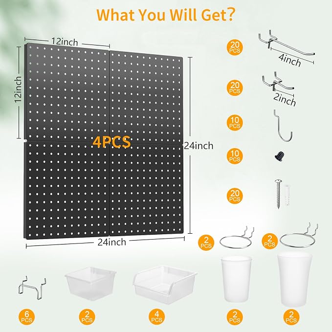 FZK Peg Board, 74PCS Metal Pegboard Wall Organizer Kit. Heavy Duty Pegboard, Peg Boards, Pegboard for Walls, Black Pegboard for Garage Craft Room Workbench Office Kitchen Tool Organization, 24 * 24