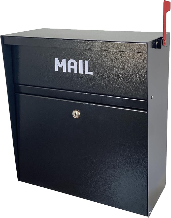 Locking Wall-Mount Large Mailbox with Outgoing Mail Flag | Galvanized Steel Rainproof Outdoor Mailbox for Homes, Apartments, Offices & Businesses, Black