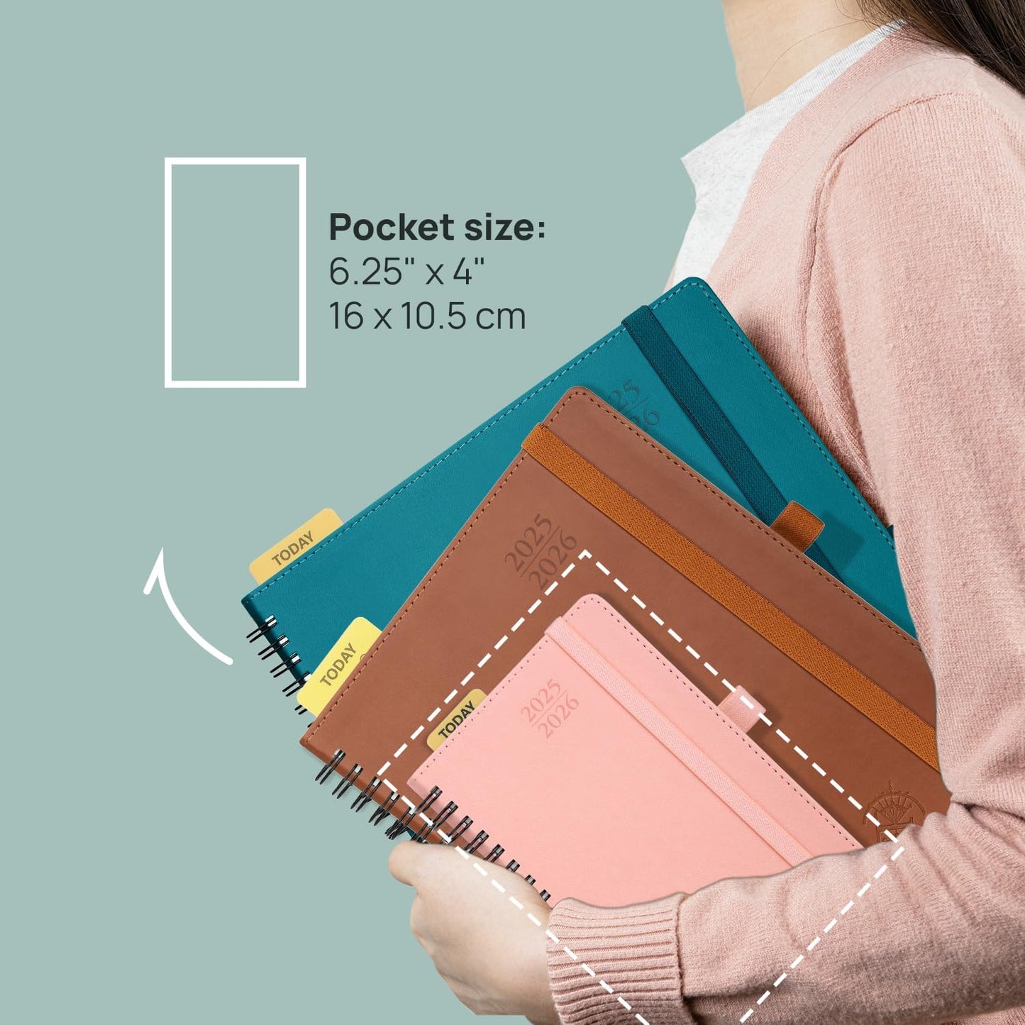 POPRUN Pocket Planner 2025-2026 (Purse Size 4'' x 6.25'') Academic Small Calendar (July 2025 - June 2026) with Hourly Time Slots, 100GSM Thick Papers, Spiral Leather Cover - Brown