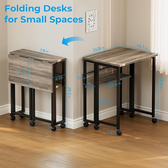 GreenForest Folding Desk with Wheels, 24.8" Rolling Table for Small Spaces | Storage Shelf, Lockable Casters, Compact Portable Workstation, Space-Saving Foldable Sofa Table, Home Office, Mobile, Grey