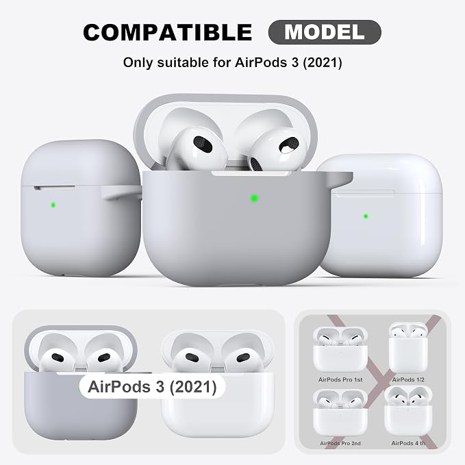 R-fun Compatible with AirPods 3 Case Cover, Silicone Protective Accessories Skin with Keychain Compatible with Apple AirPod 3rd Generation 2021 for Women Men Girls Boys,Front LED Visible,Light Grey