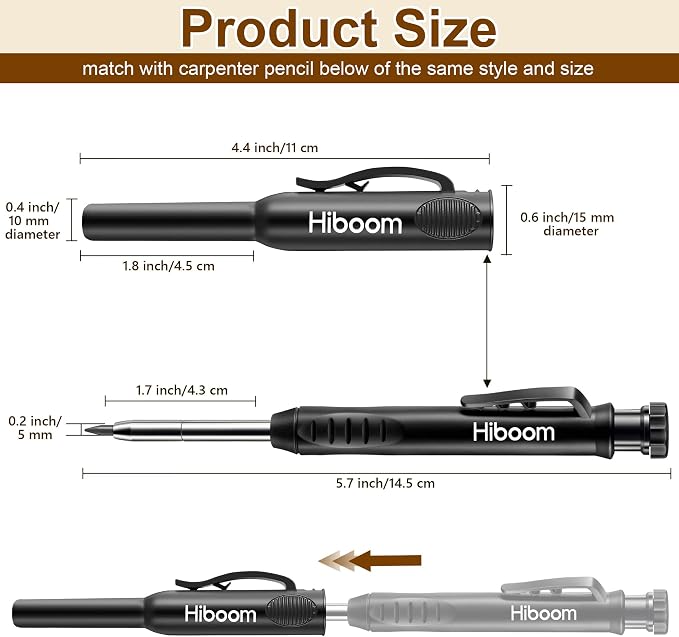 Hiboom 2 Pack Carpenter Pencils with Pencil Cap and 18 Refills, Black | Mechanical Pencil, Deep Hole Marking, Built-In Sharpener, Long Nose Tip, Pocket Clip, Marks Many Surfaces, Woodworking Use