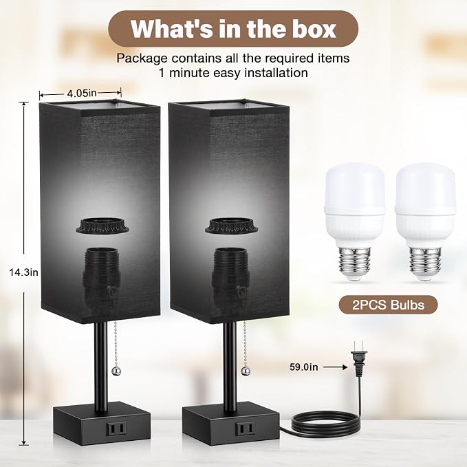 Bedside Lamp for Bedroom Set of 2 - Black Table Lamp for Nightstand | AC Outlet, 3 Color Temperatures, LED Bulb Included, Pull Chain Design, 14" Rectangular Desk Lamp for Dorm/Office, 2-Pack