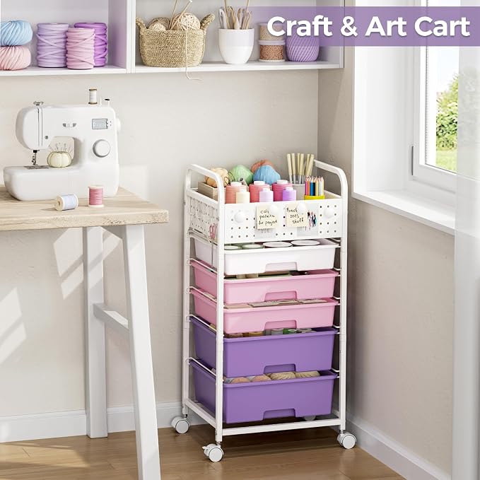 5 Drawer Rolling Storage Cart with Pegboard Top and Hooks, Dreamy Color | Mobile Organizer Cart with Wheels for Office Supplies, Craft Storage, Classroom Organization, Home Utility Cart