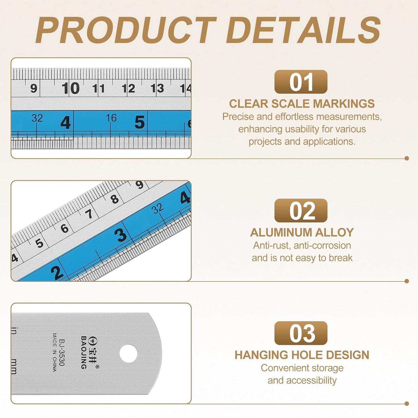 HARFINGTON 2pcs Metal Straight Ruler 30cm Metric SAE Aluminum Alloy Measuring Rulers Scale Tools with Hole for Measure Study Reading Classroom Office, Blue