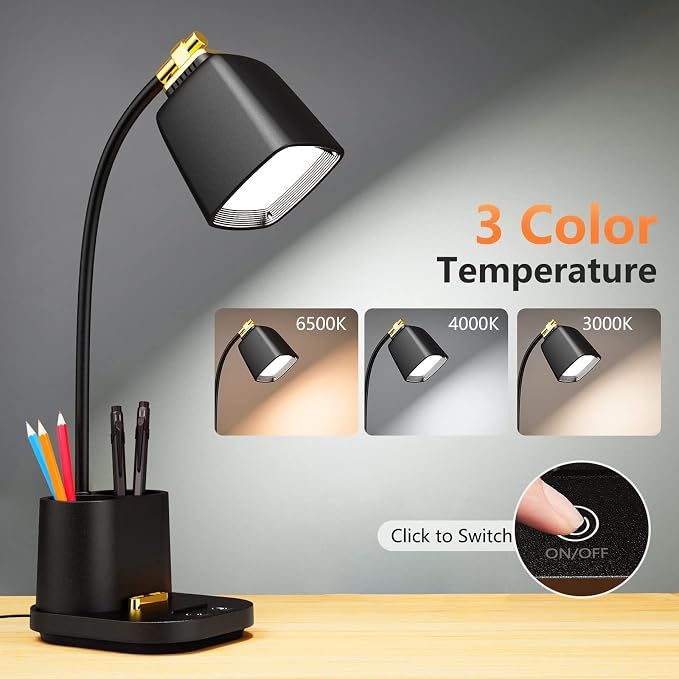 LED Desk Lamp with USB Charging Port Touch Control 3 Color Modes, Stepless Dimming,Eye-Caring LED Table Lamp for Home,Office,Bedroom,Reading,Work,Study,Gooseneck Lamp, 5V, 2.4A