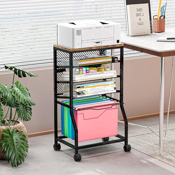 INGIORDAR 5 Tier Rolling File Cart Sliding Hanging Folder Storage Wheels | Under Desk Storage Organizer On Lockable Wheels Mesh Sliding Trays Multifunctional Clutter Cart for Office School Home