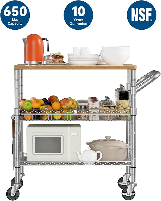 3 Tier Rolling Kitchen Carts with Wheels, Heavy Duty Rolling Utility Cart with Wood Tabletop, Commercial Grade Metal Cart with Handle and Hooks, NSF Storage Serving Island Carts, Light Wood+Metal