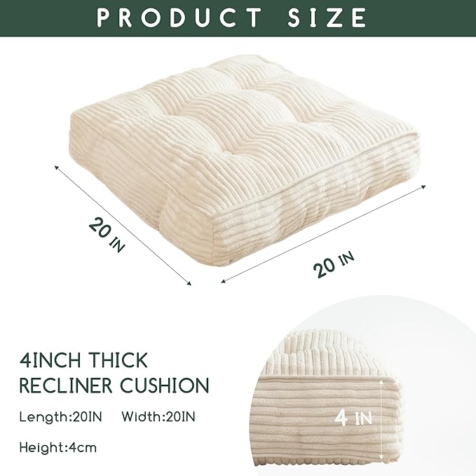 Tufted Corduroy Recliner Seat Cushion for Elderly, High Density Foam Large Square Seat Cushion for Recliner Chair, Floor Pillow, Office Chair, Car, No Pressure on Thighs, 20x20x4