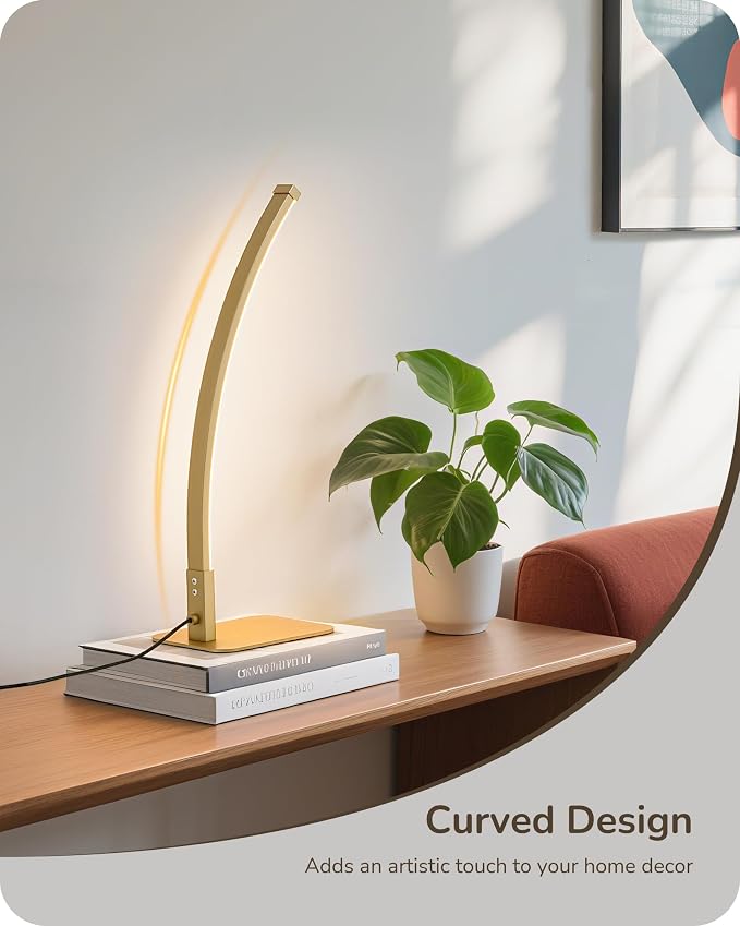 EDISHINE Curved LED Table Lamps for Living Room, Modern Bedside Lamp, Gold | 3 Color Temperature & Stepless Dimming, Aluminum & Iron, Silicone Lampshade, Ideal for Living Room, Office