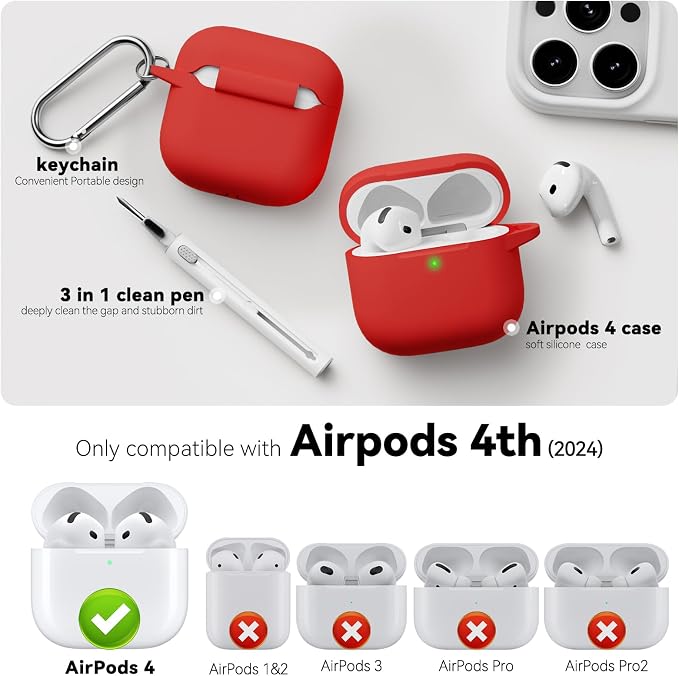 for AirPods 4 Case 2024 with Cleaner Kit & Keychain-Red | Silicone Protective Cover for Apple AirPods 4th Generation Case,for Women Men,One-Piece Design,Shockproof,Dust Proof