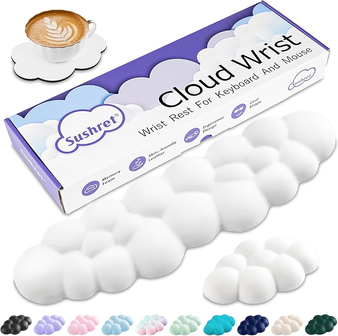Cloud Wrist Rest Keyboard, Cloud Keyboard Wrist Pad Set with PU Leather Memory Foam, Cute Arm Rest for Palm Support, PC/Gaming Desk Accessories/Office Setup/Computer Hand Cushion - White