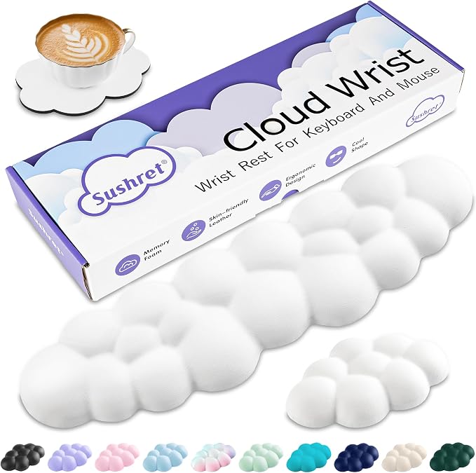 Cloud Wrist Rest Keyboard, Cloud Keyboard Wrist Pad Set with PU Leather Memory Foam, Cute Arm Rest for Palm Support, PC/Gaming Desk Accessories/Office Setup/Computer Hand Cushion - White