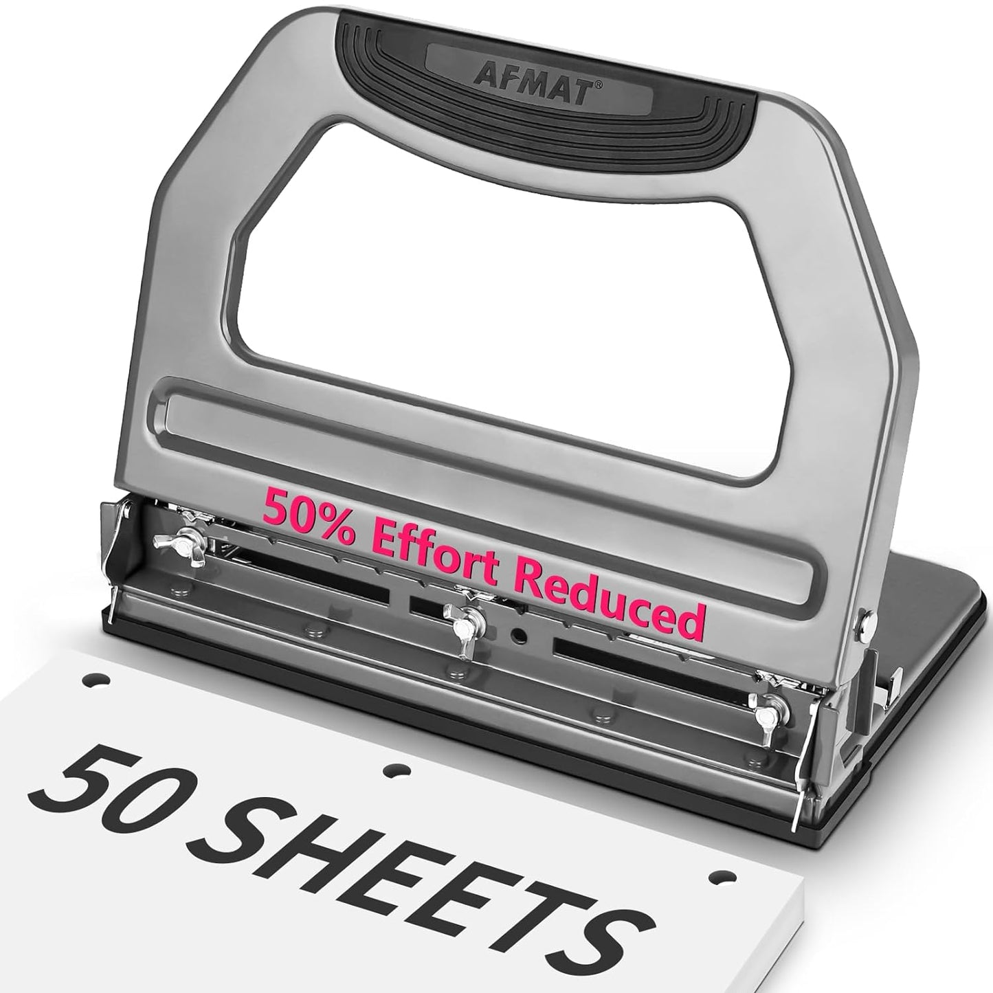 AFMAT Heavy Duty 3 Hole Punch, 50-Sheet, 50% Reduced Effort, Adjustable Two & Three Hole Punch, Metal Paper Puncher w/Large Chip Tray, Metal Paper Guide, Gray