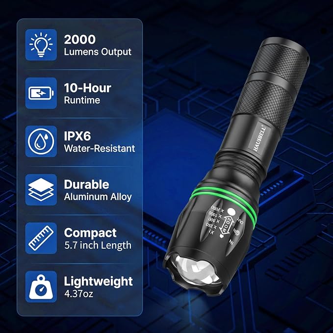 HAUSBELL T8 A100 2000 Lumen Flashlight 2 Pack with Glow-in-Dark Ring, Heavy-Duty Aluminum Tactical Flashlights High Lumens, 5 Modes Zoomable Waterproof LED for Emergency Camping Hiking Home Use