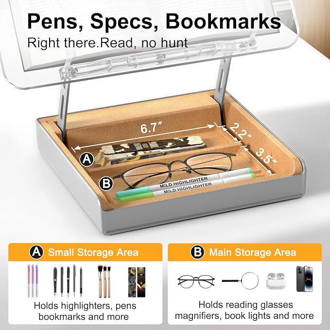Book Stand with Storage, Book Holder for Reading Hands Free | Wooden Cookbook Stand for Kitchen Counter, Adjustable Reading Stand for Desk, Recipe Stand, Book Prop for Book Lovers -Clear