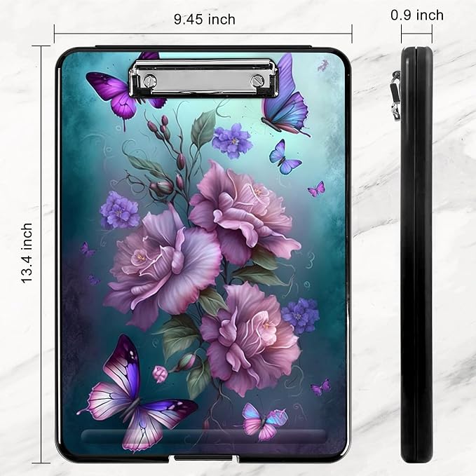 Clipboard with Storage,Plastic Storage Clipboard with Low Profile Clip, Heavy Duty Nursing Clipboards Foldable,Coaches Clipboard Case for Work, Teacher,Office School Supplies,Pink Butterfly Flower