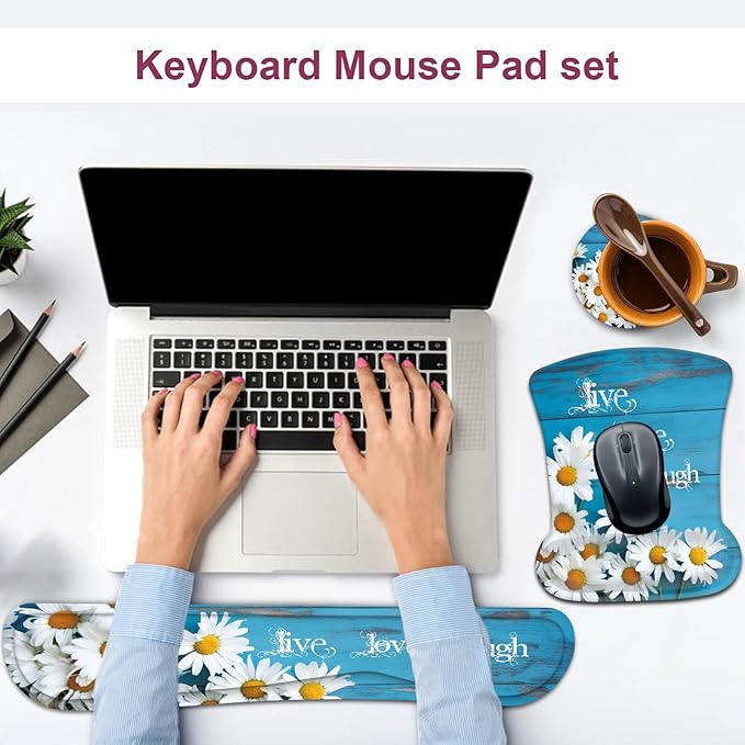 Keyboard Wrist Rest and Mouse Wrist Rest Pad with Coaster,Made of Memory Foam,Ergonomic Support,Easy Typing & Pain Relief,for Home Office Working Studying,Daisy Flowers Quote Live Love Laugh