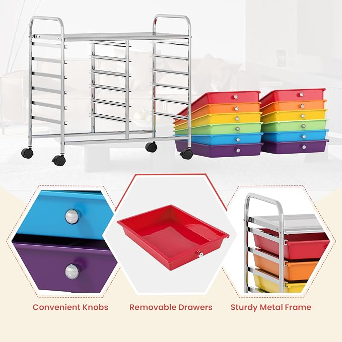 COSTWAY 12-Drawer Rolling Storage Cart, Utility Storage Organizer Cart | For Tools, Scrapbook, Paper, Craft, Multipurpose Art Supply Organizer on Wheels for Home Office School, Teacher, Multicolor