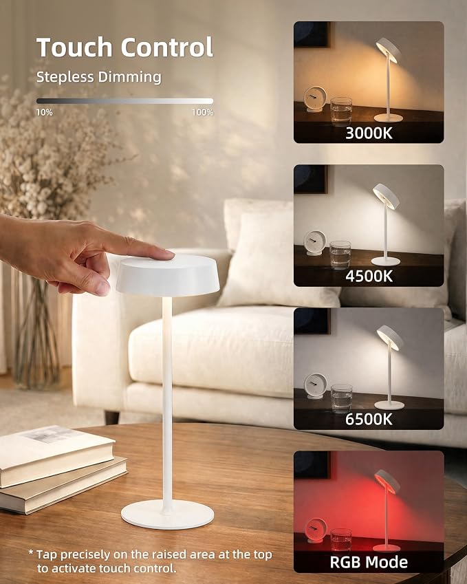EZVALO Cordless Lamp, Rechargeable Table Lamp, Battery Operated | Portable Outdoor Waterproof, 3 Color Temps RGB, Dimmable Touch Control, LED Memory Function, Restaurant Dining Patio White1Pc