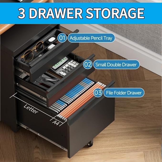 3 Drawer Mobile File Cabinet with Lock, Rolling File Cabinet with Wheels | Metal Small Filing Cabinet with Wheels for Home Office Storage, Fits Legal/A4/Letter/Document Size, Required Assembly, Black