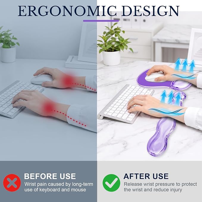 Keyboard Wrist Rest & Ergonomic Mouse Pad with Wrist Rest Set, Cute Transparent Gel Wrist Rest for Keyboard and Mouse, Soft Support for Pain Relief, Office, Gaming Desk Accessories（Purple）