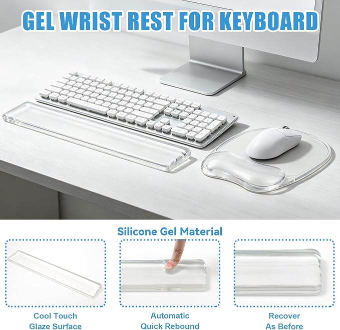 Gel Wrist Rest for Keyboard,Clear Keyboard Wrist Rest and Gel Mouse Pad Set | Ergonomic Gel Wrist Rest,Anti-Slip Keyboard Wrist Support and Mouse Wrist rest for Desktop Relieve Pain(Clear)