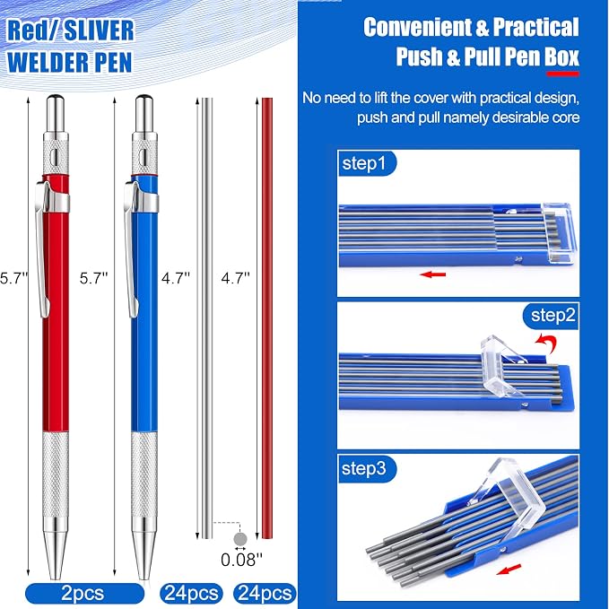 Gersoniel 2 Pcs Welders Pencil with 48 PCS Round Refills Mechanical Pencils Metal Welding Marker for Tube Pipe Fitter Welder Steel Construction Woodworking (Red, Silver)