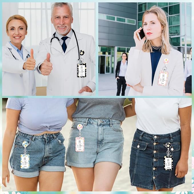 3 Set Daisy ID Badge Holder with Retractable Reel, Retractable ID Badge Holders with Clip Name Badge Holders for Teacher Nurse Doctor Student Office Workers