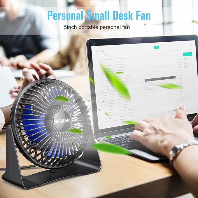 BESKAR USB Small Desk Fan, Portable Table Fans with 3 Speeds Strong Airflow | Quiet Operation and 360°Rotate, Personal Cooling Fan for Home, Office, Bedroom, 3.9 ft Cord