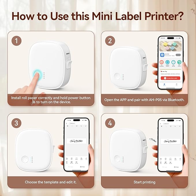 Mini Label Maker Machine with Tape AH-P05, Portable Bluetooth Mini Label Printer, Wireless Thermal Label Maker, Waterproof & Rechargeable, Built-in Cutter, for Home, Office, Kitchen – White