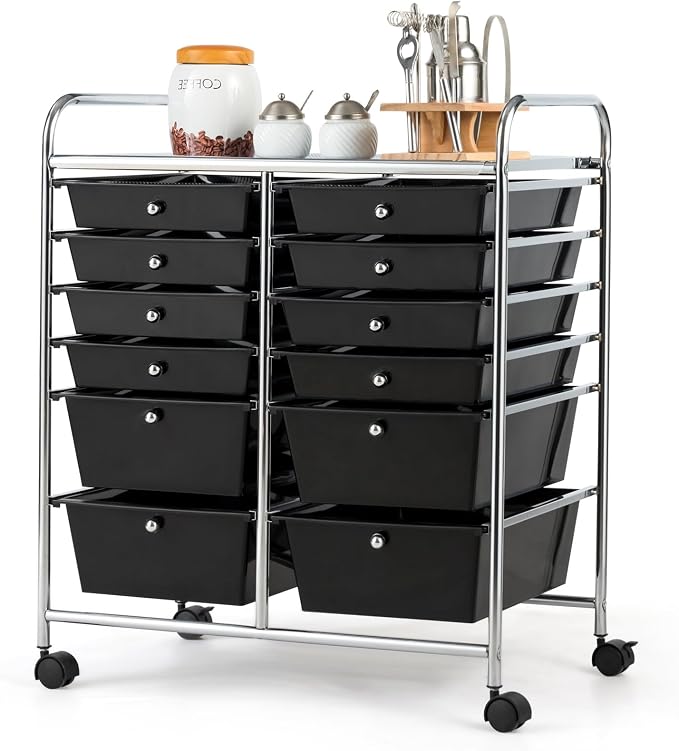 BECOMFORT 12-Drawer Rolling Cart with Drawers, Storage Cart on Wheels, Teacher Classroom Organizers with Metal Frame, Mobile Craft Cart, Trolley Utility Cart for School Office Play Room