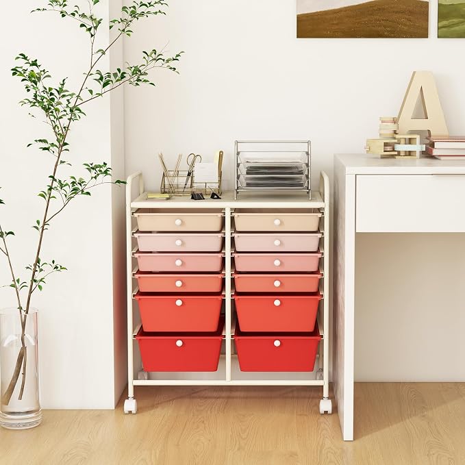 12 Drawer Rolling Storage Cart, Craft Cart Organizer on Wheels w/Metal Frame, Large Capacity & Smooth Drawer, Rolling Cart w/Drawers for Classroom, Office