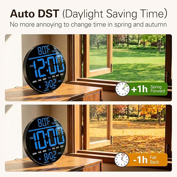 JALL 8" Large Digital Wall Clock with LED Display, Wall Clock with Temperature, Auto DST, Alarm Countdown Timer, 5 Brightness for Office, Bedroom, Living Room, Gym, Classroom Décor, Xmas Birthday Gift