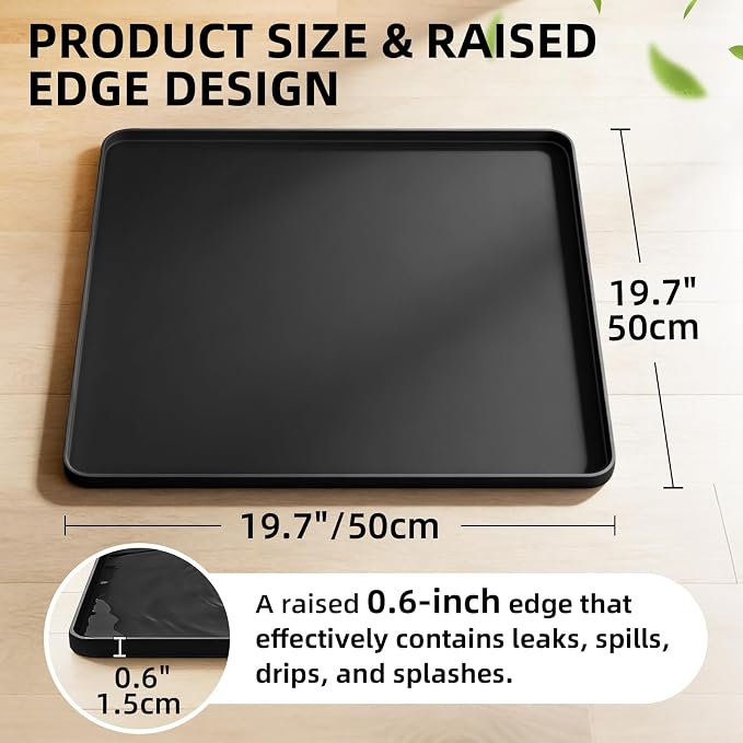 Water Cooler Mat 19.7x19.7 Inch - Soft Silicone Mat with Raised Edges, Waterproof Silicone Tray to Prevent Leak & Floor Damage, Anti-Slip Pad for Mini Fridge, Humidifier, Ice Maker, Black