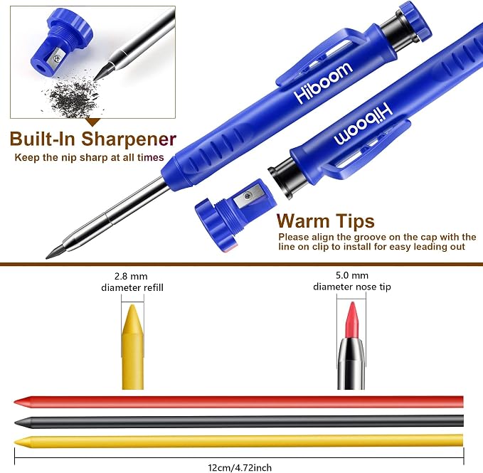 Hiboom 2 Pack Carpenter Pencils with Pencil Cap and 18 Refills, Blue | Mechanical Pencil, Deep Hole Marking, Built-In Sharpener, Long Nose Tip, Pocket Clip, Marks Many Surfaces, Woodworking Use