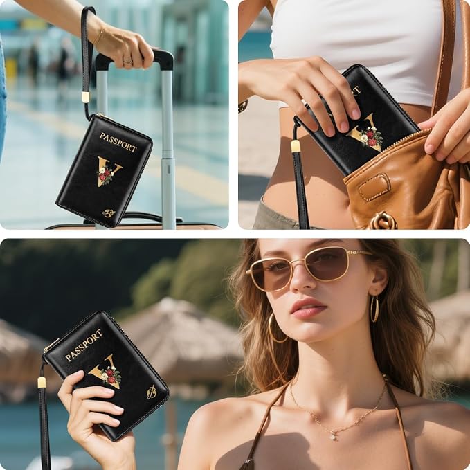 Passport Holder for Travel Personalized Wallet with Wristlet Women | Passport Cover, RFID Blocking, Passport Book Holders, Back Coin Pocket, Zipper Closure, Roses Initial Letter, Black V