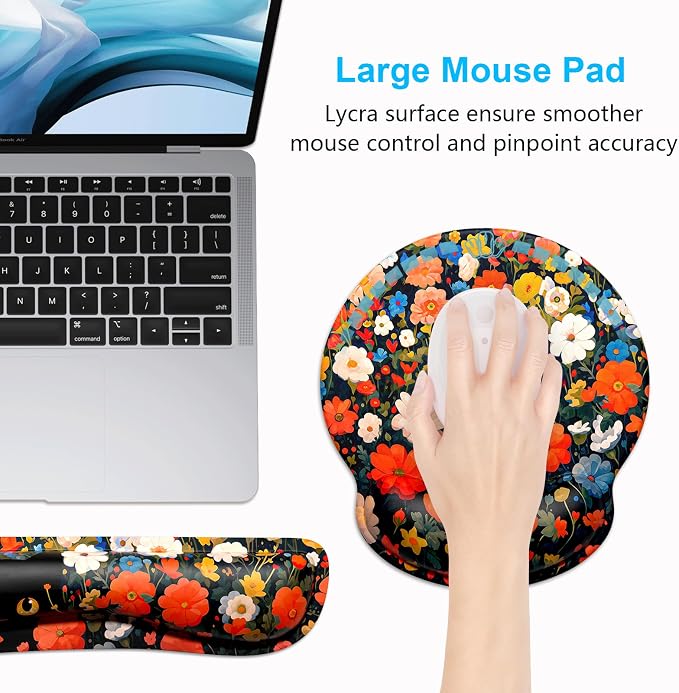 Dapesuom Keyboard Wrist Rest and Mouse Pad with Wrist Support, Cute Memory Foam Cushion for Keyboard and Mouse Set, Desktop Pad Rests with Non Slip Base for Easy Typing & Pain Relief, Cat Flower Bush