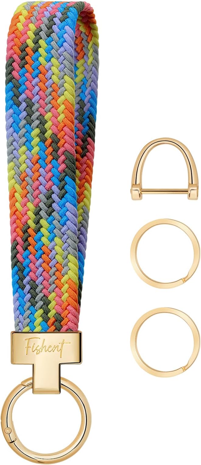 Fishent Stretchy Wristlet Keychain, Cute Key Chain, Woven Wrist Lanyard for Car Keys with 3 Keyrings and D-ring for Women Men