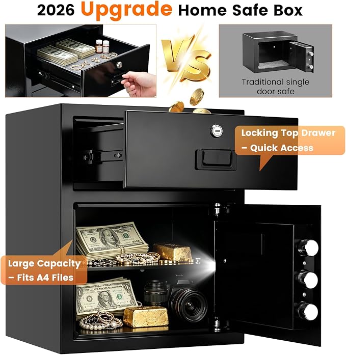 2.5 cuft Home Safe Box with Drawer | Anti-Theft Large Safe for Everyday Use | Double Safer - Add Fire Waterproof Bag | Durable Electronic Keypad | Silent & Alert | Removable Shelf for Protecting Valuable