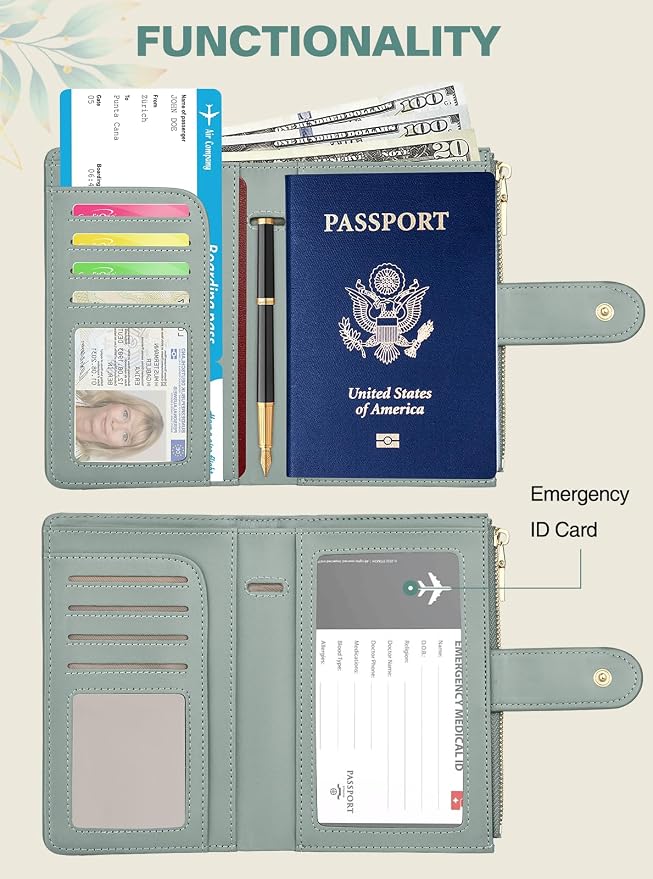 RFID Passport Holder for Travel, Leather Passport Wallet Cover with Airtag | with Airtag Slot, Card Cash Holders, Zippered Coins Pocket, for Women/Men, Gift Box, Travel Essentials, 4.1"L x 1"W x 6.3"H