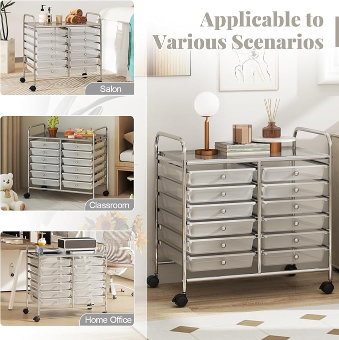 RELAX4LIFE 12-Drawer Rolling Storage Cart - Mobile Utility Cart on Wheels for School Classroom Teacher Office Salon, Paper File Art Supply Craft Organizer, Rolling Cart with Drawers (Clear)