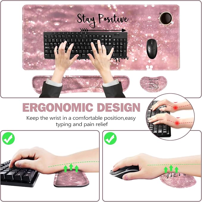 ToLuLu Extended Gaming Mouse Pad, Memory Foam Ergonomic Keyboard Mouse Wrist Rest Support Set, Large Desk Mat with Stitched Edges, Non-Slip Base Mousepad for Home Office Game, Pink Stay Positive